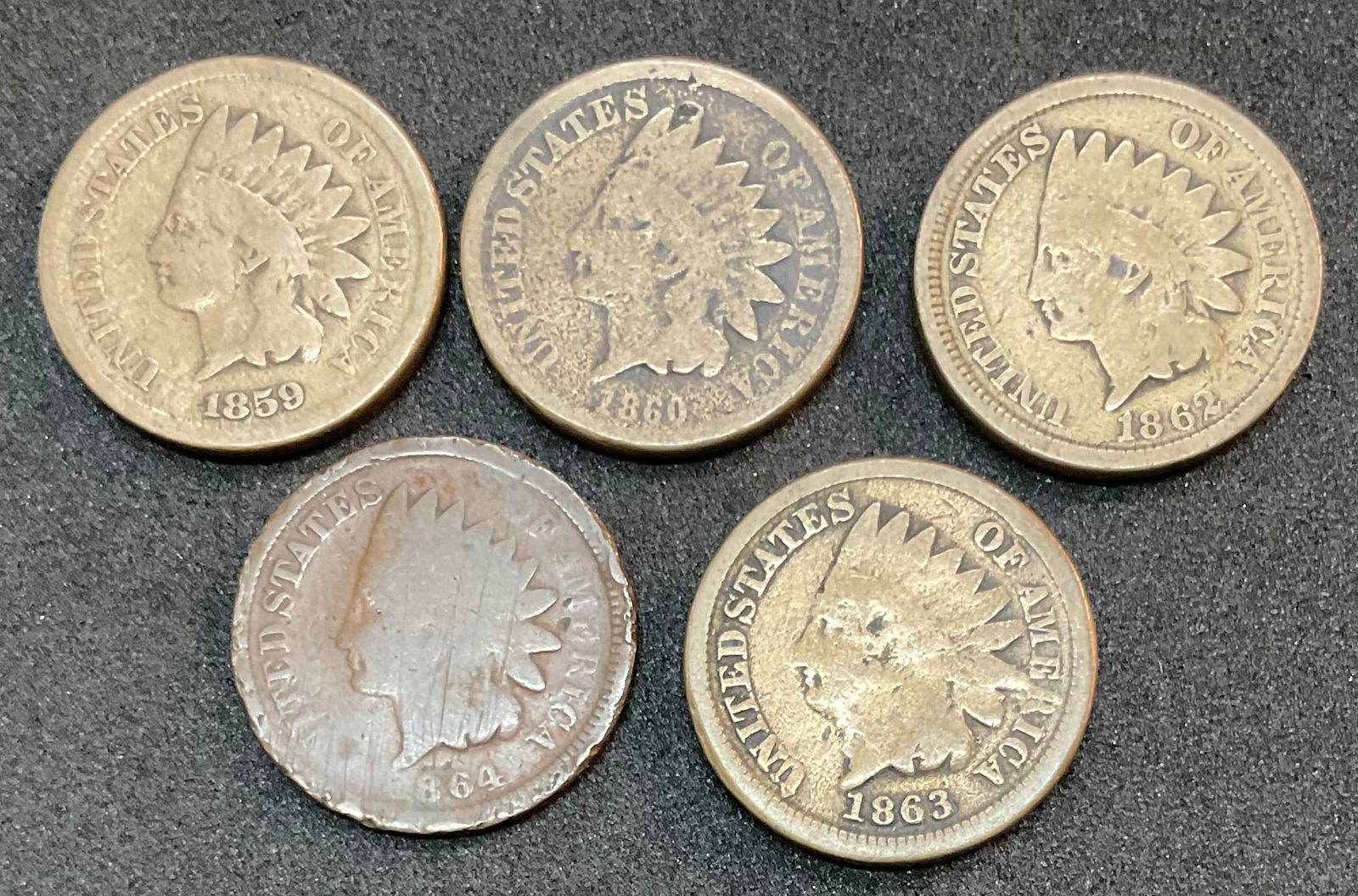 Group of 5 Indian Head Pennies 1859 - 1864 (1 of 2)
