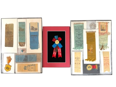 3 Sets of Antique Firefighter Memorabilia Parade Ribbons, Medals and Buttons