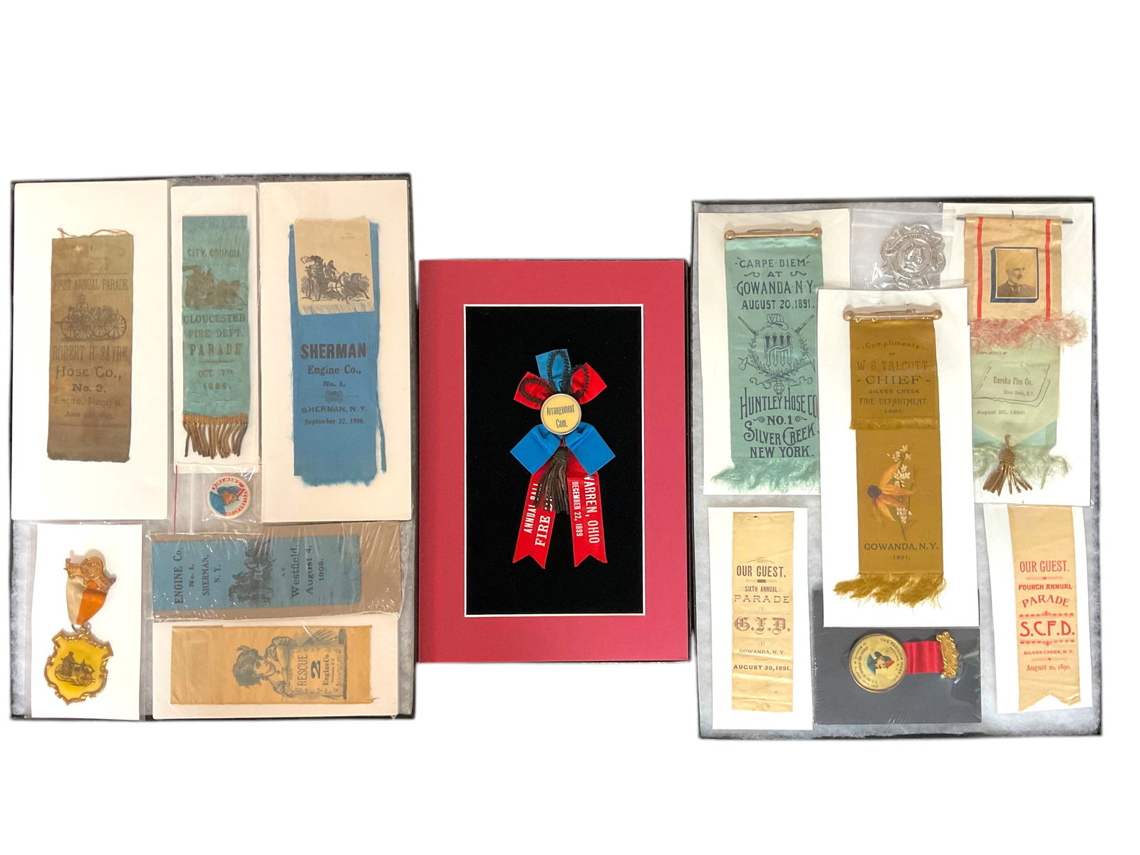 3 Sets of Antique Firefighter Memorabilia Parade Ribbons, Medals and Buttons (1 of 8)