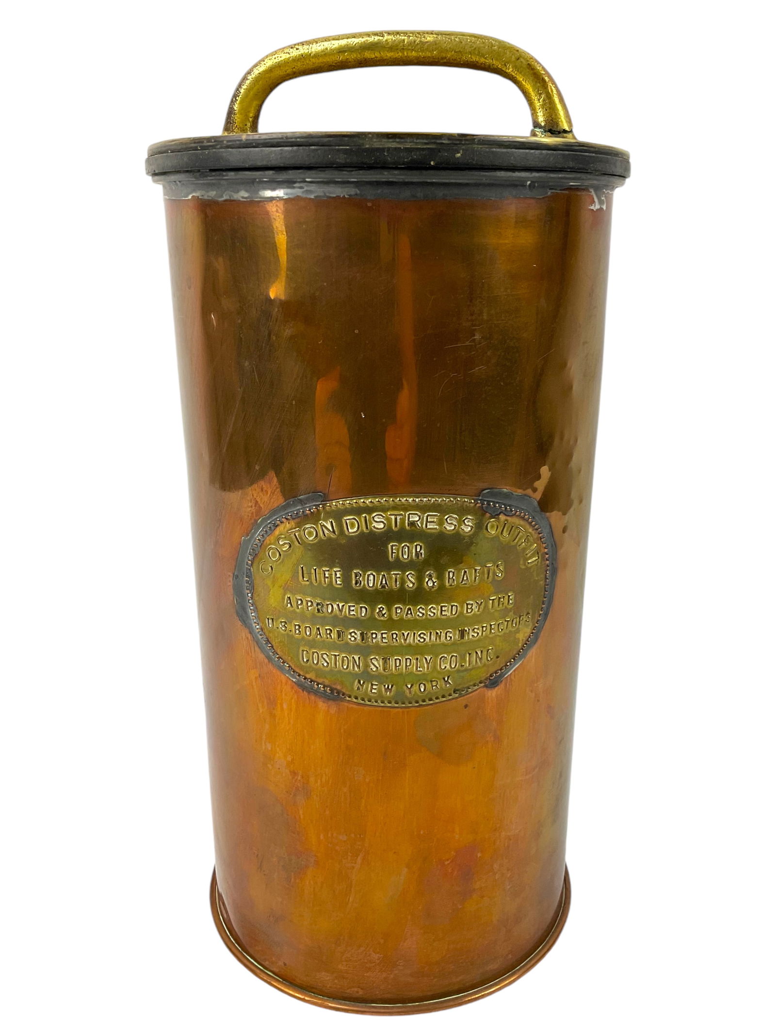 Copper Ship's Life Boat Distress Flare Canister: Copper Ship's Life Boat Distress Flare Canister, Solid copper waterproof ship's flare canister with threaded handled lid, brass badge reading "Coston Distress Outfit for Life Boats &