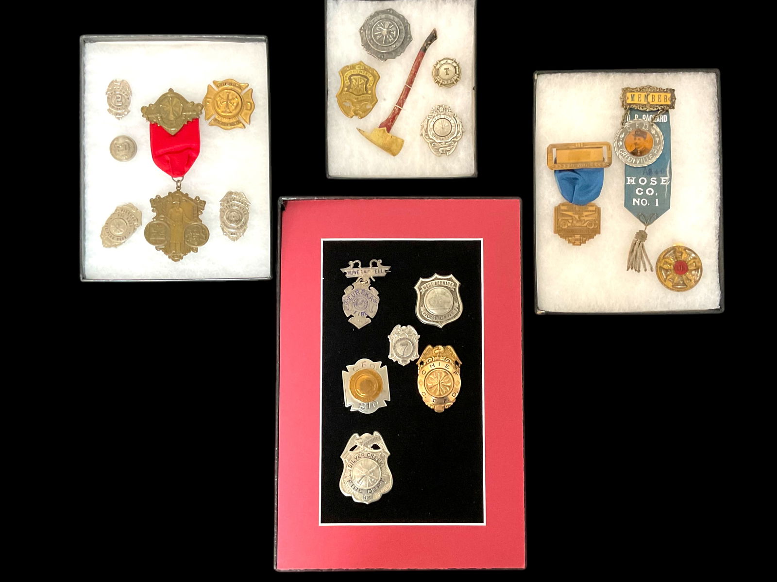 4 Sets of Antique Firefighter Memorabilia Badges, Ribbons, and Medals, (1 of 5)
