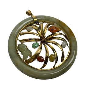 14K Yellow Gold Pendant with Carved Jade & Jadeite Stones and Koi Fish