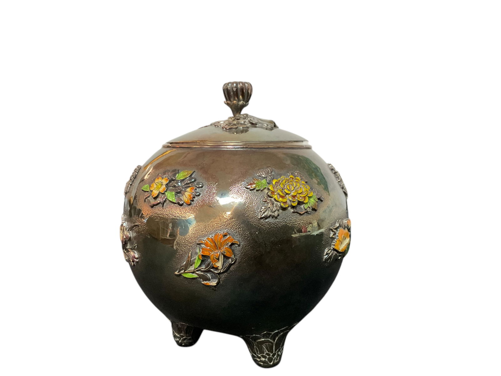 Japanese Covered Vessel Cloisonne Enamel Silver with flowers (1 of 5)