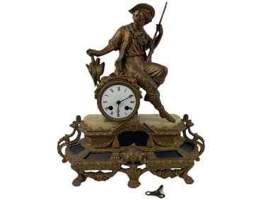 Vintage French Bronze  Mantle Clock Statue Pheasant Hunter