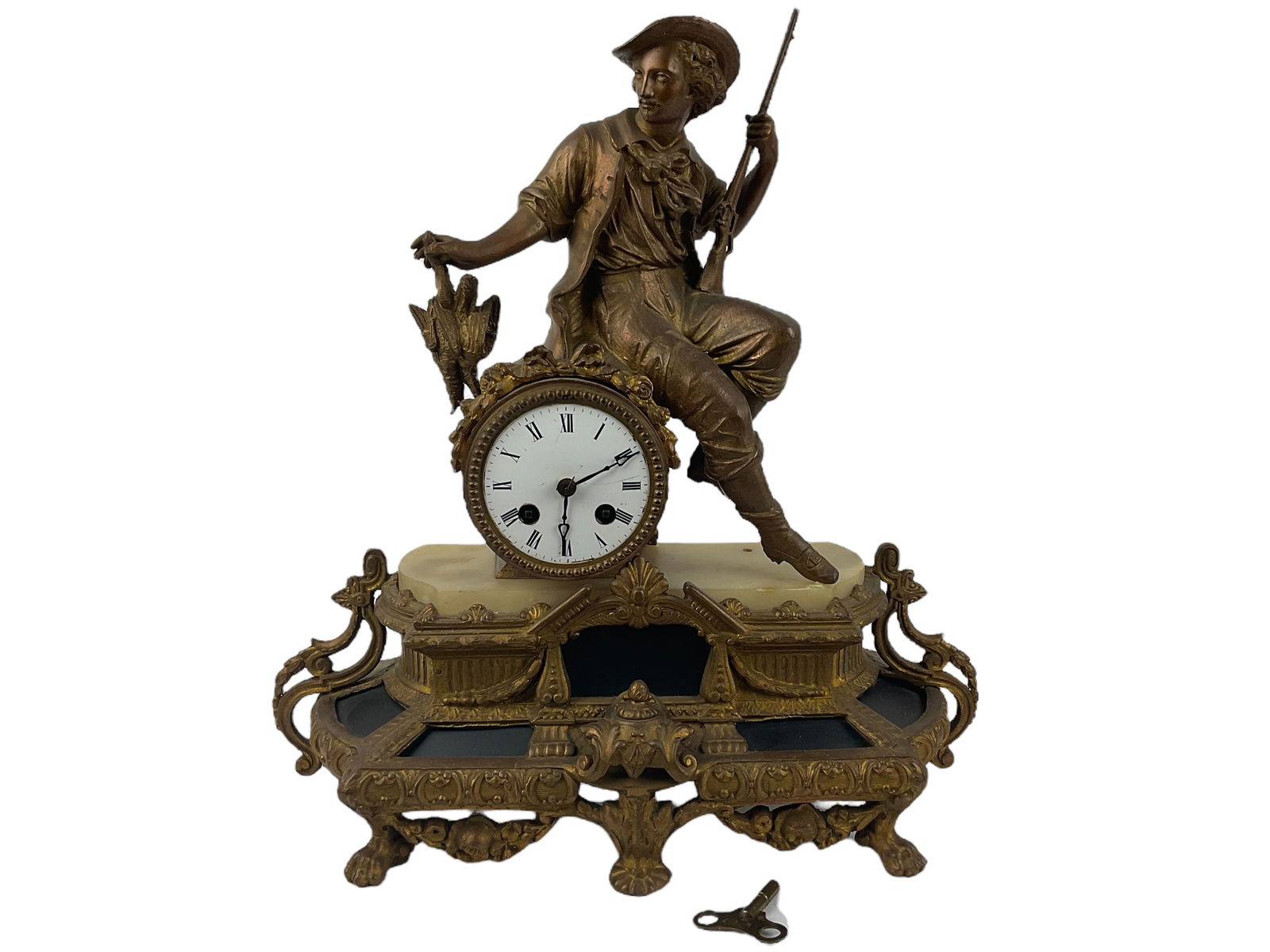 Vintage French Bronze  Mantle Clock Statue Pheasant Hunter (1 of 8)