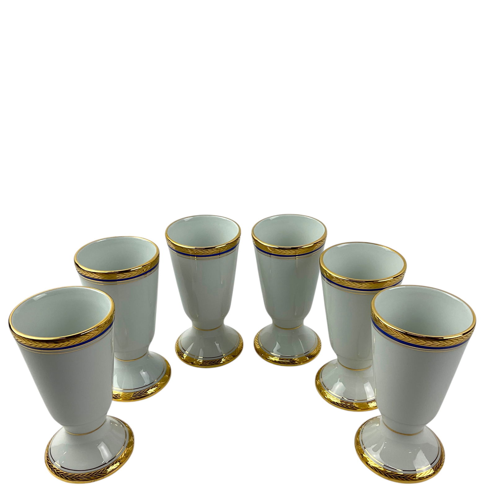 6 French Limoges Gilded Porcelain Goblets: 6 French Limoges Gilded Porcelain Goblets, Marked Limoges, France, Approximately 5 1/2” H, 2 3/4” W, Condition, good, see photographs.