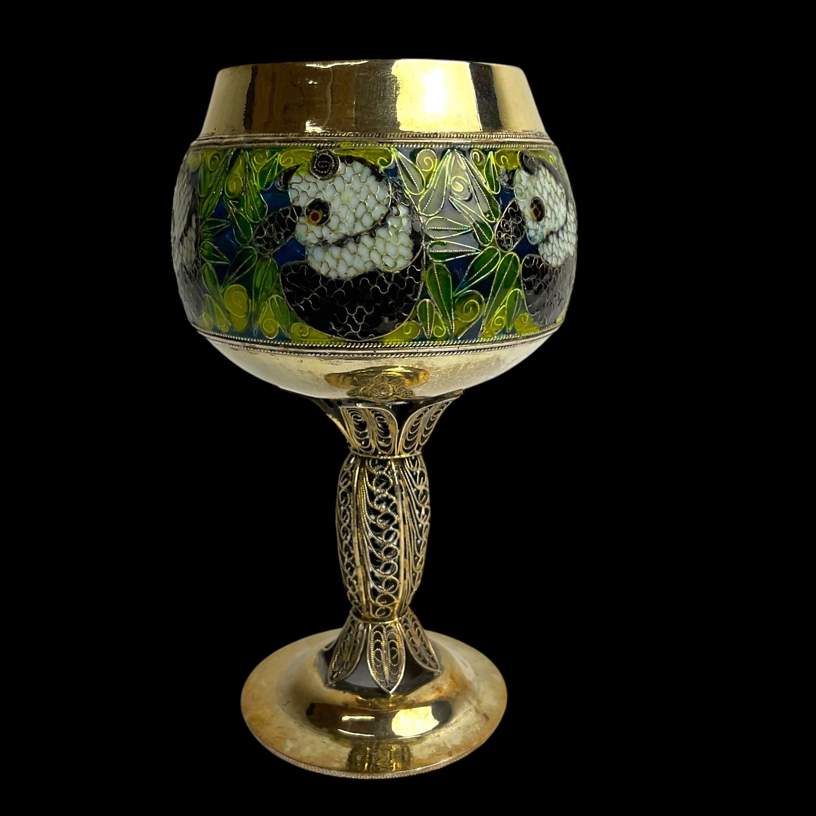 One of a Kind Asian Sterling Plique A Jour Cup: One of a Kind Asian Sterling Plique A Jour Cup. The Plique A Jour decoration has panda bears and leaves. Measures: 5” H x 3.5” W Weight: 117.1 grams Condition: Very Good, See Photographs.