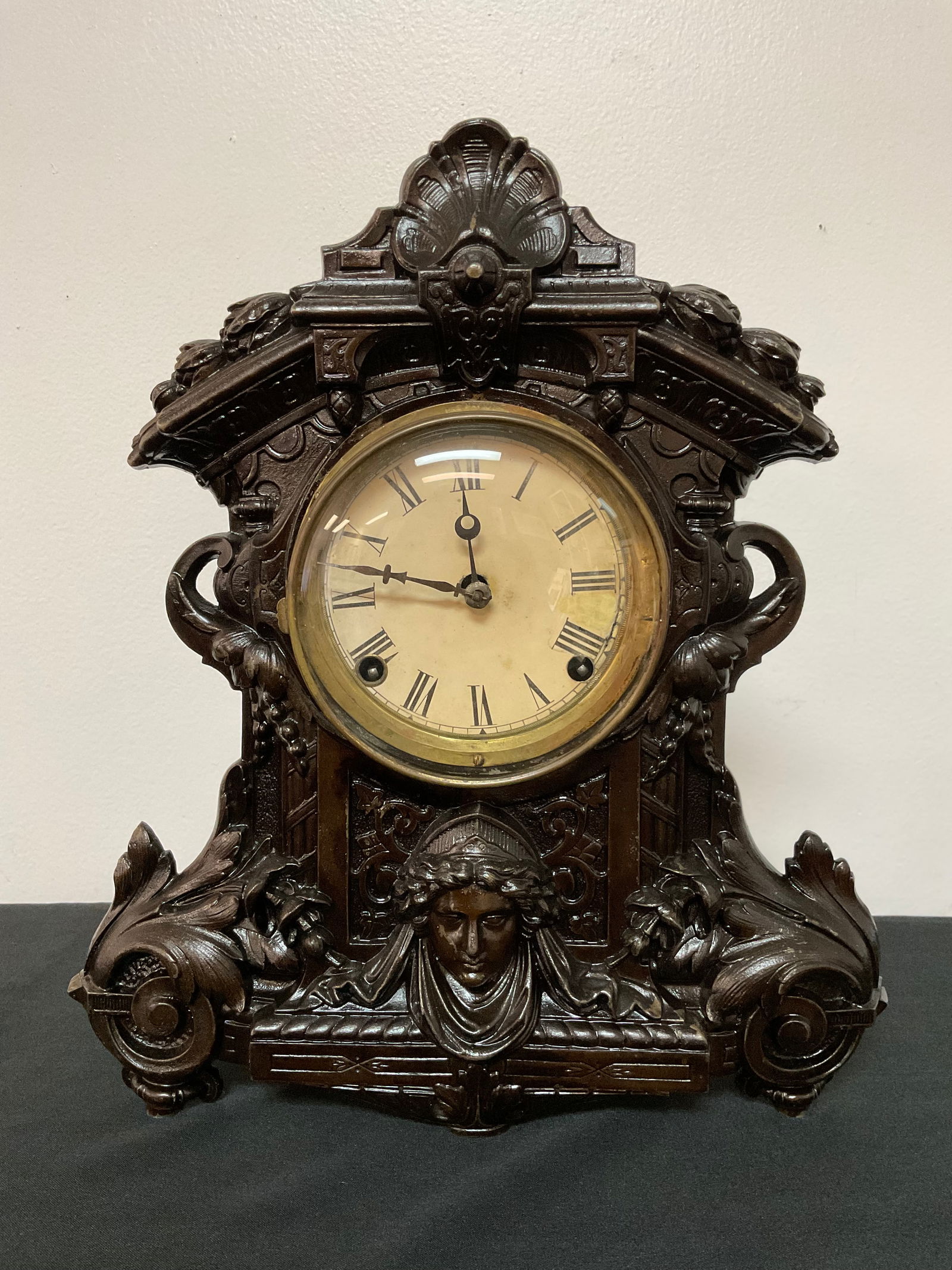 Cast Metal Mantle Clock: Cast Metal Mantle Clock, Measures 15" H, Condition, no key "As Is", see photographs.