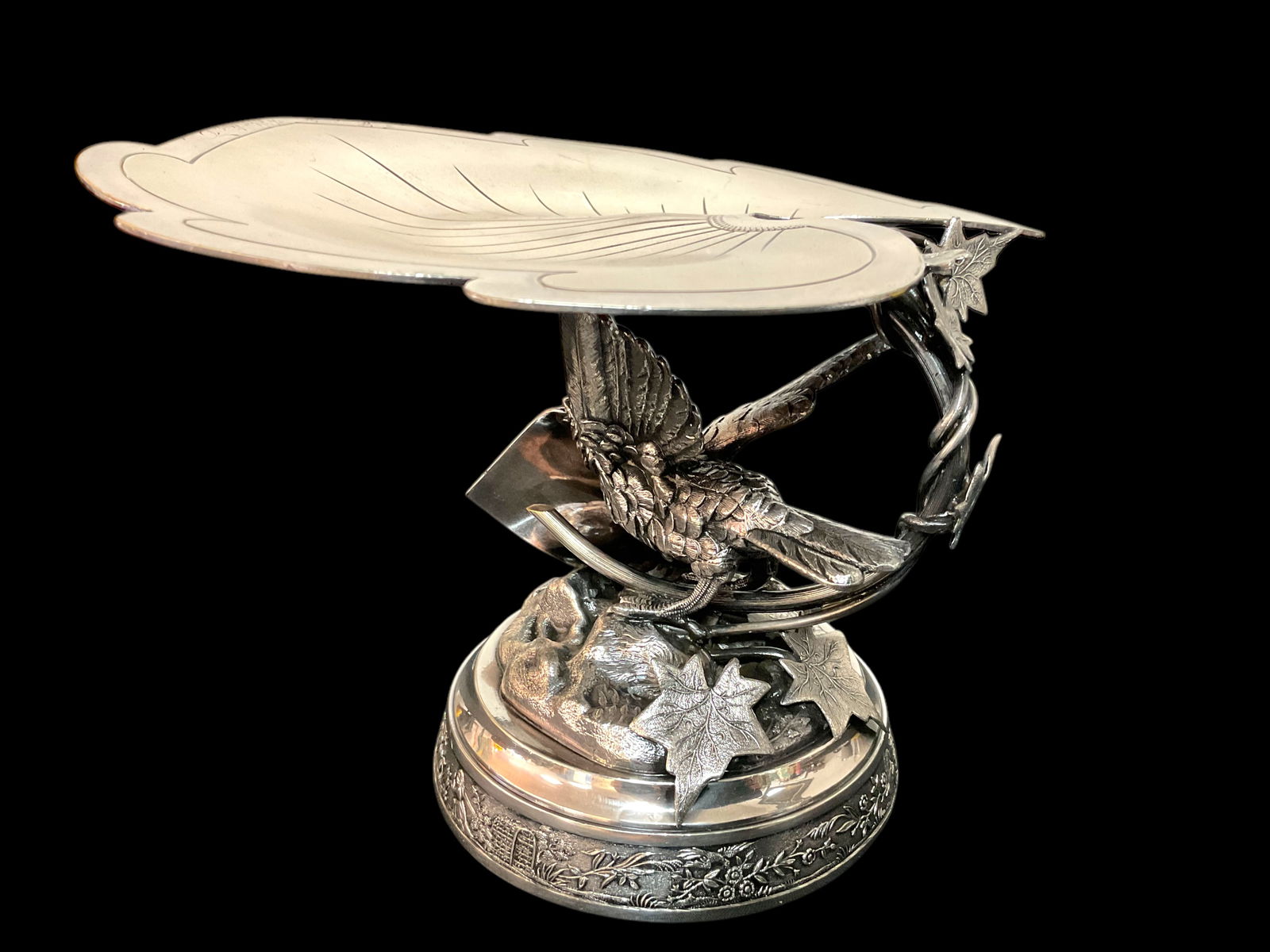 Victorian Meriden Quadruple Plate Card Receiver with Bird (1 of 6)