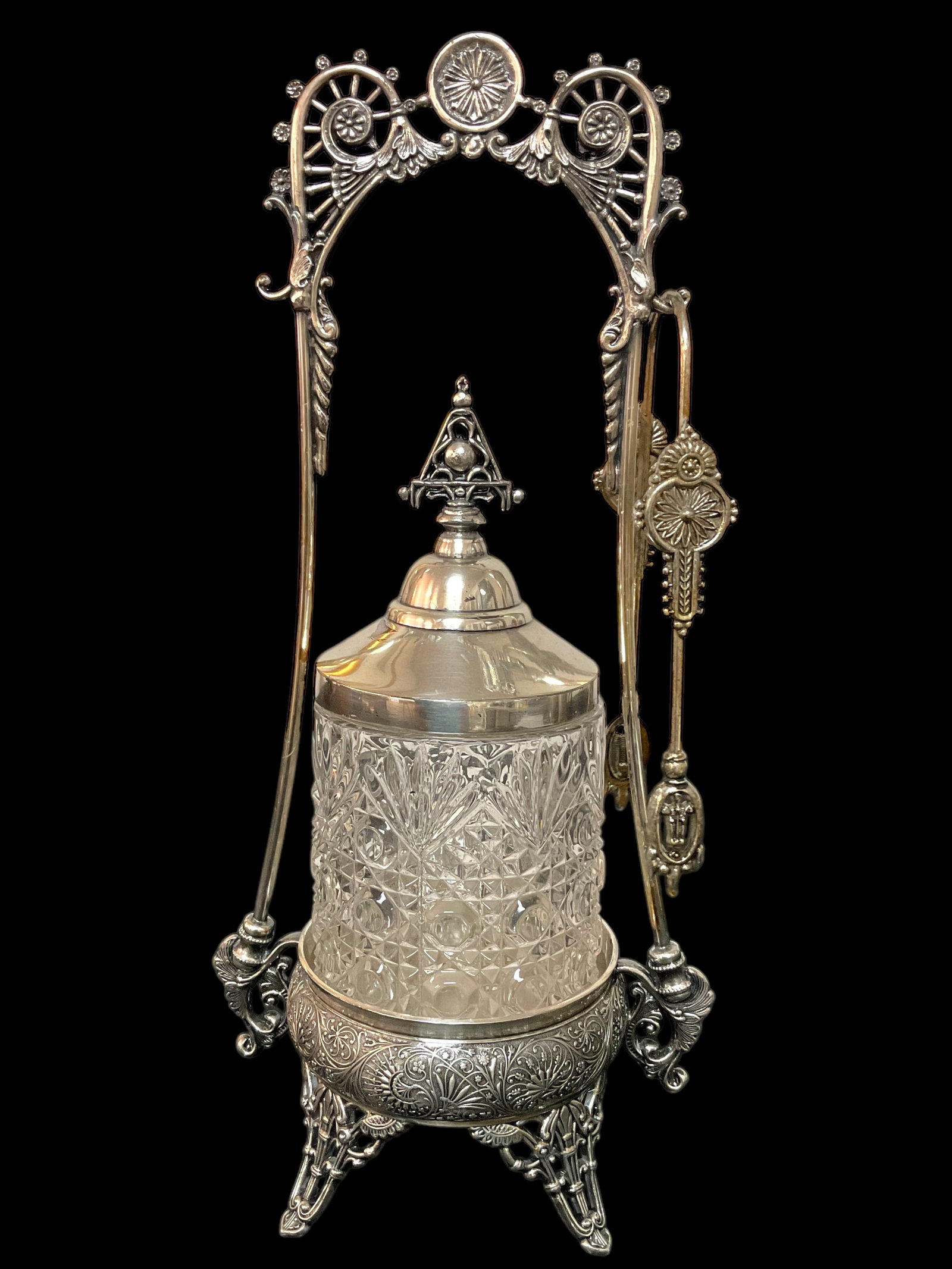 Rockford Company Silver Plate Pickle Castor with Glass Jar: Rockford Company Silver Plate Pickle Castor With Glass Jar, Comes with Lid and Tongs, Makers Mark, Quadruple, faded number, 12" tall, 6" wide, 4" wide, Glass Jar, 4 1/2" tall, 3&qu