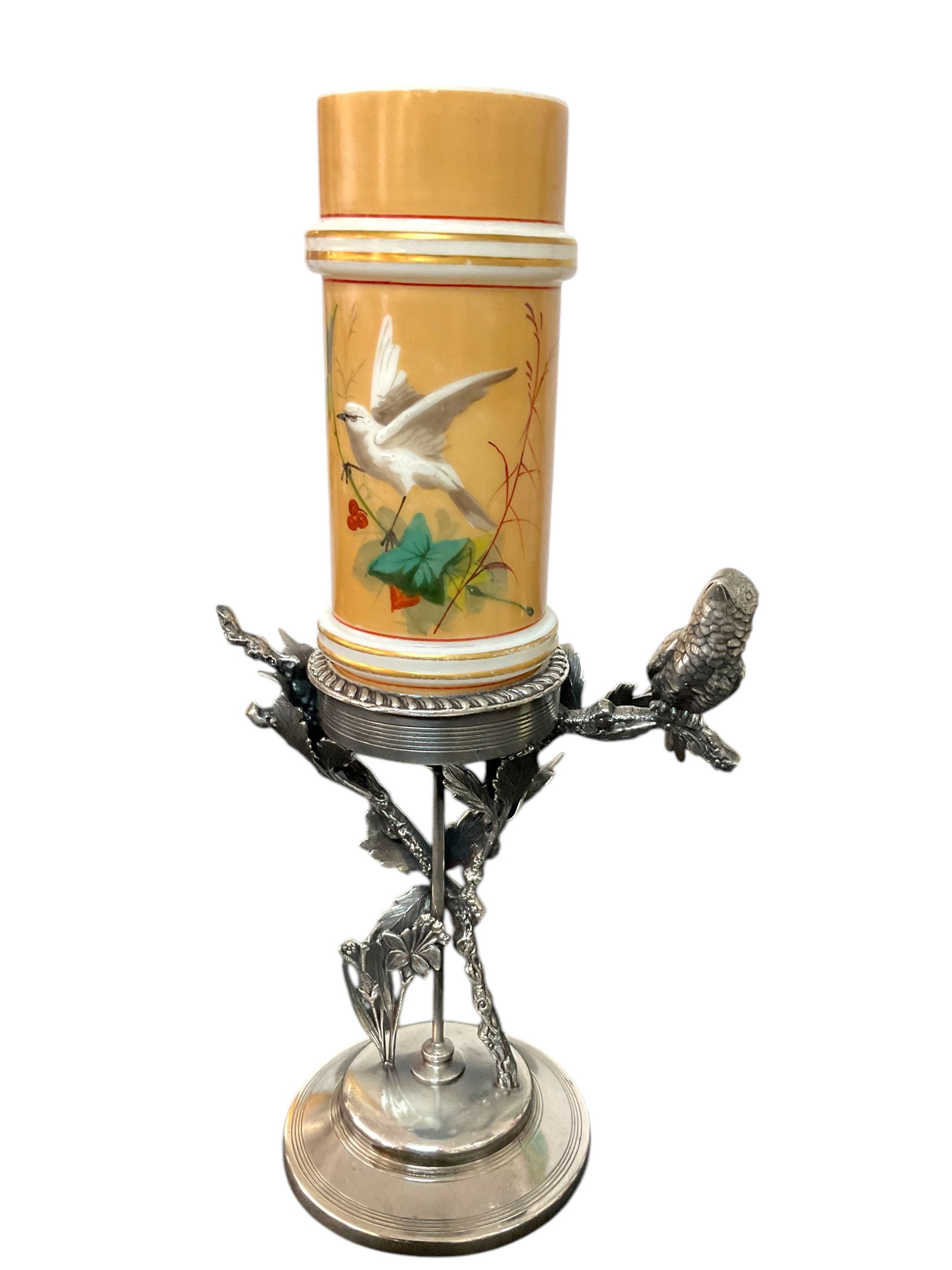 Meridan Silver Plate Bird Holder With Painted Milk Glass Vase (1 of 4)