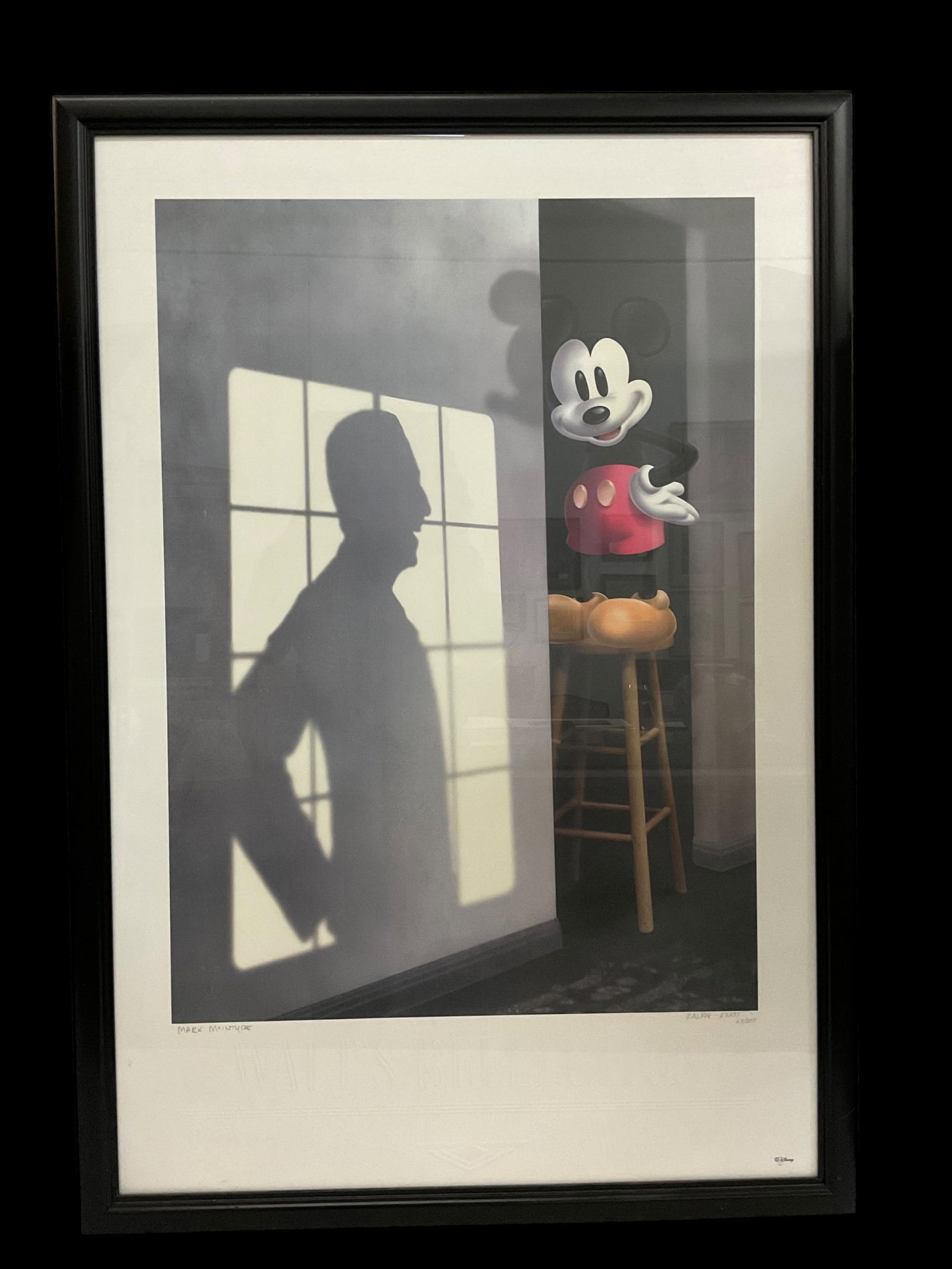 Disney Walt's Reflection by Ralph Kent Mark McIntyre Numbered 63 / 250: Disney Walt's Reflection by Ralph Kent Mark McIntyre Numbered 63 / 250, Frame measures 26" x 38 1/2", Condition very good, some minor scratches to top of frame, see photographs.
