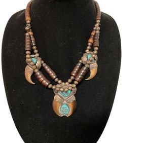 Native American Sterling Silver, Bear Claw, Turquoise Necklace
