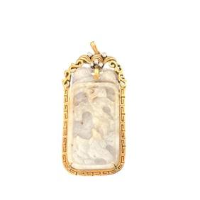 Chinese 14K Yellow Gold White Jade and Round Cut Diamond Pendant