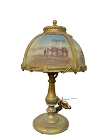 Vintage 13.5" Table Lamp with Reverse-Painted Glass Shade.
