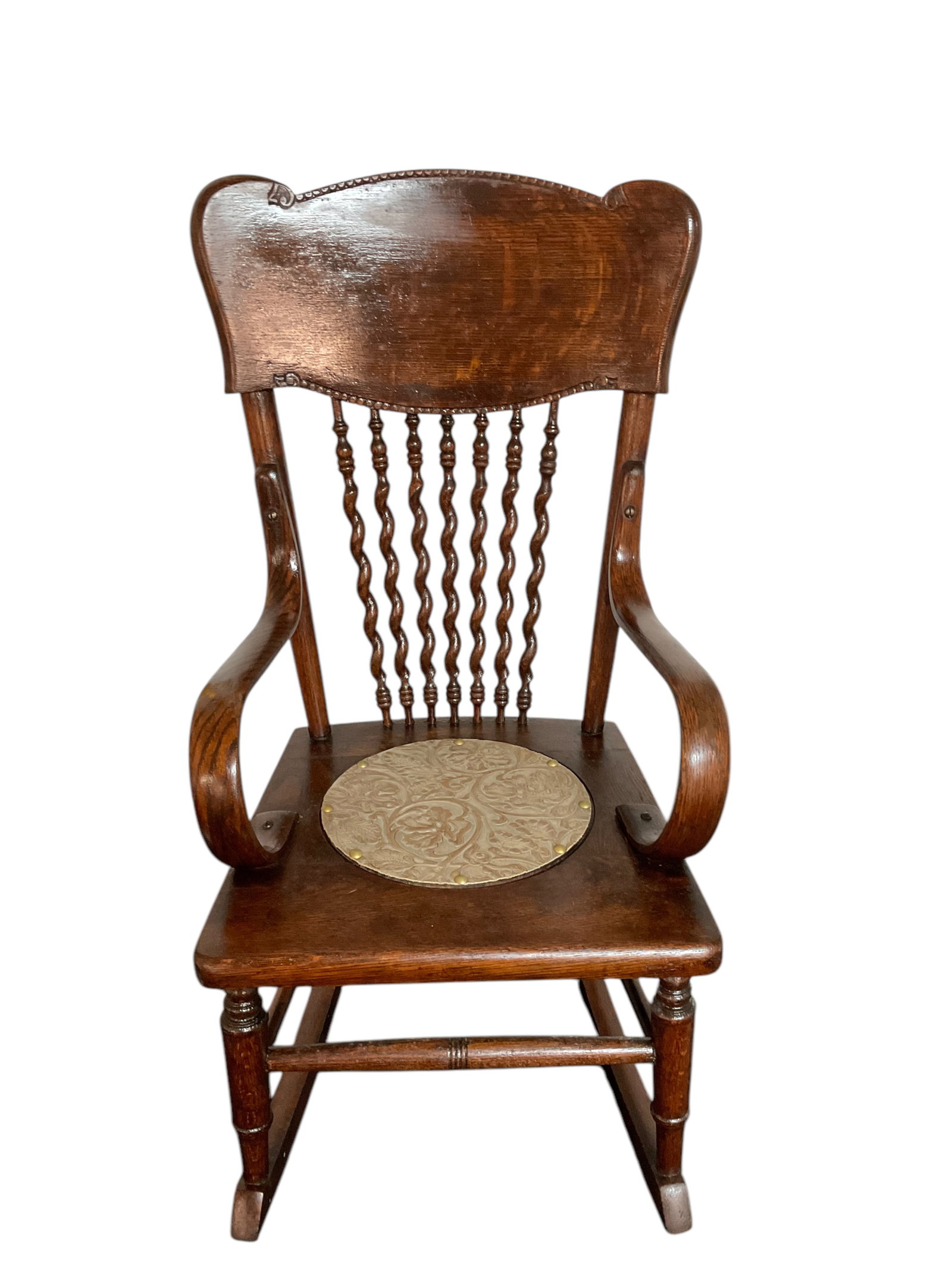 Vintage Child's Wood Rocking Chair with leather seat: Vintage Child's Wood Rocking Chair with leather seat, Leather seat with brass tacks measures 9" diameter, Measures 29" H x 16" W x 26" D, Condition, good, see photographs. &nbs