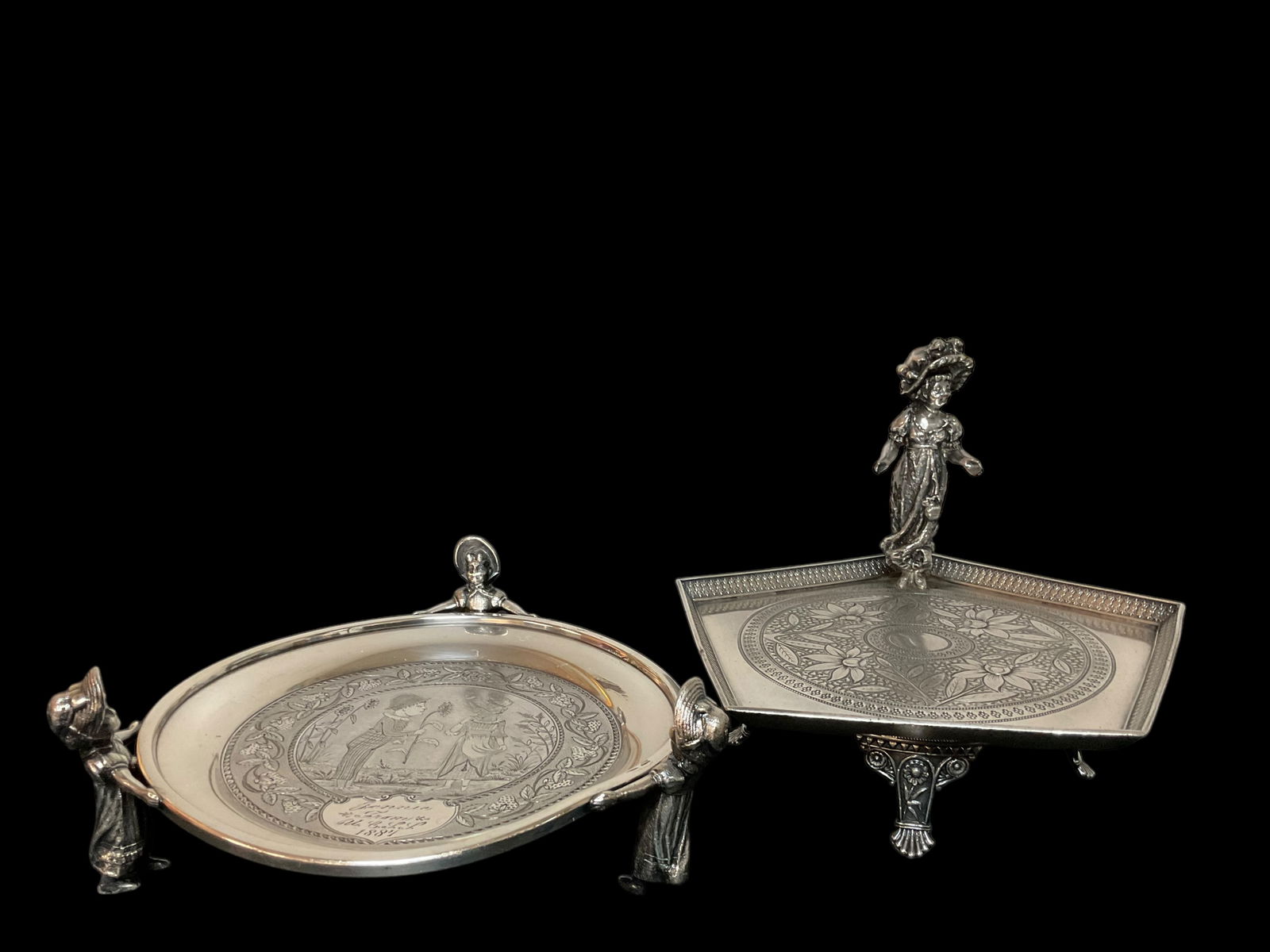 Pair of Victorian JW Tufts Boston Calling Card Trays with Ladies in Hats Figural (1 of 9)