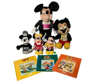 Group of Vintage Disney Mickey Mouse Plush Dolls and Books