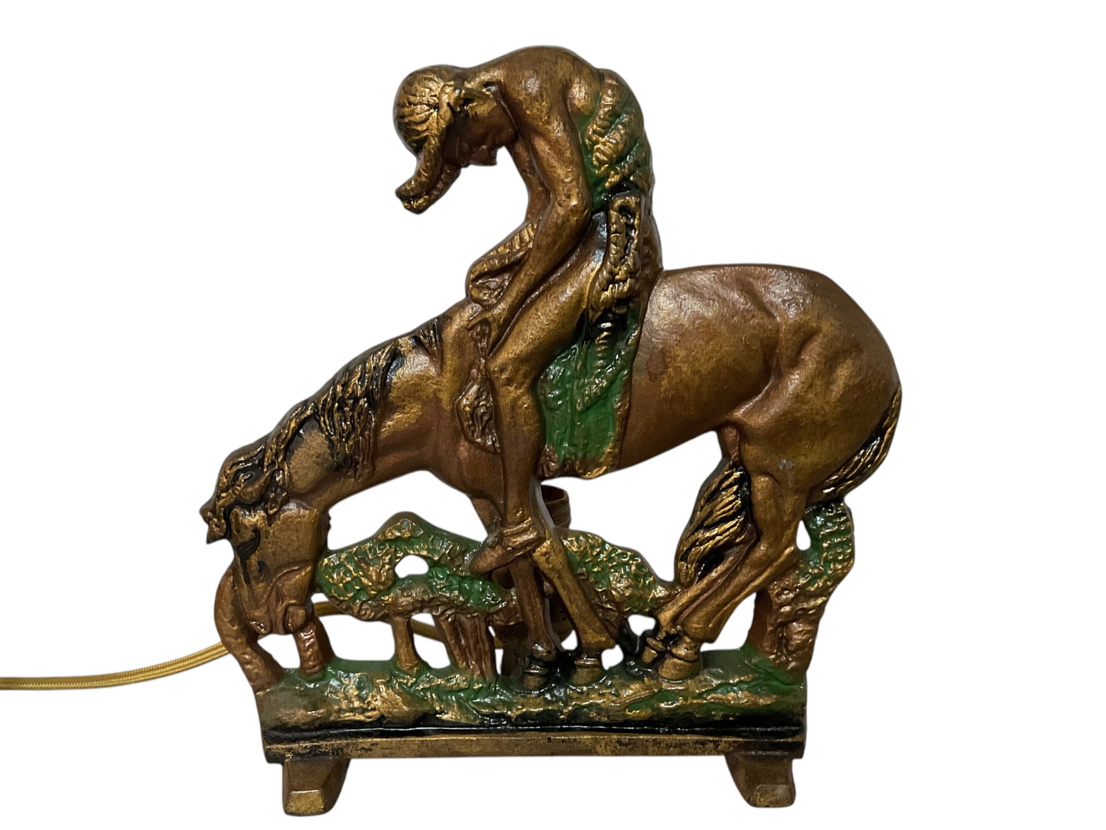"End Of The Trail" Lamp: "End Of The Trail" Metal Lamp, Titled "End Of The Trail", Native American Warrior slumped over his horse, Bronze or mixed metals, Is in working order, Condition, see photograp