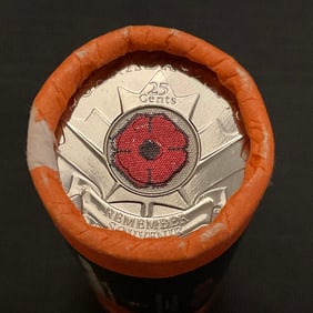 2004 Royal Canadian Mint 25 Cent Remembrance Colored Poppy Coin 10 Dollar Roll