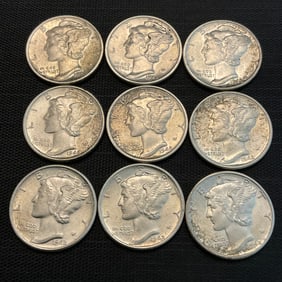 Group of 9 1942 Mercury Silver Dimes