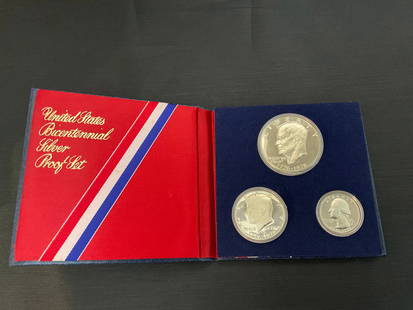 1976 Bicentennial 3-Coin Silver Proof Set: 1976 Bicentennial 3-Coin Silver Proof Set, Eisenhower Dollar, Kennedy Half, Washington Quarter, with display case, Coins in protective coin holders, Condition, see photographs. &nbsp;