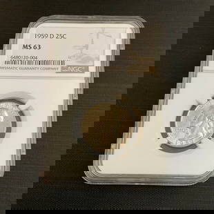 1959 D Washington Silver Quarter NGC MS 63: 1959 D Washington Silver Quarter NGC MS 63, in NGC Slab # 6480120-004, Condition, see photographs.