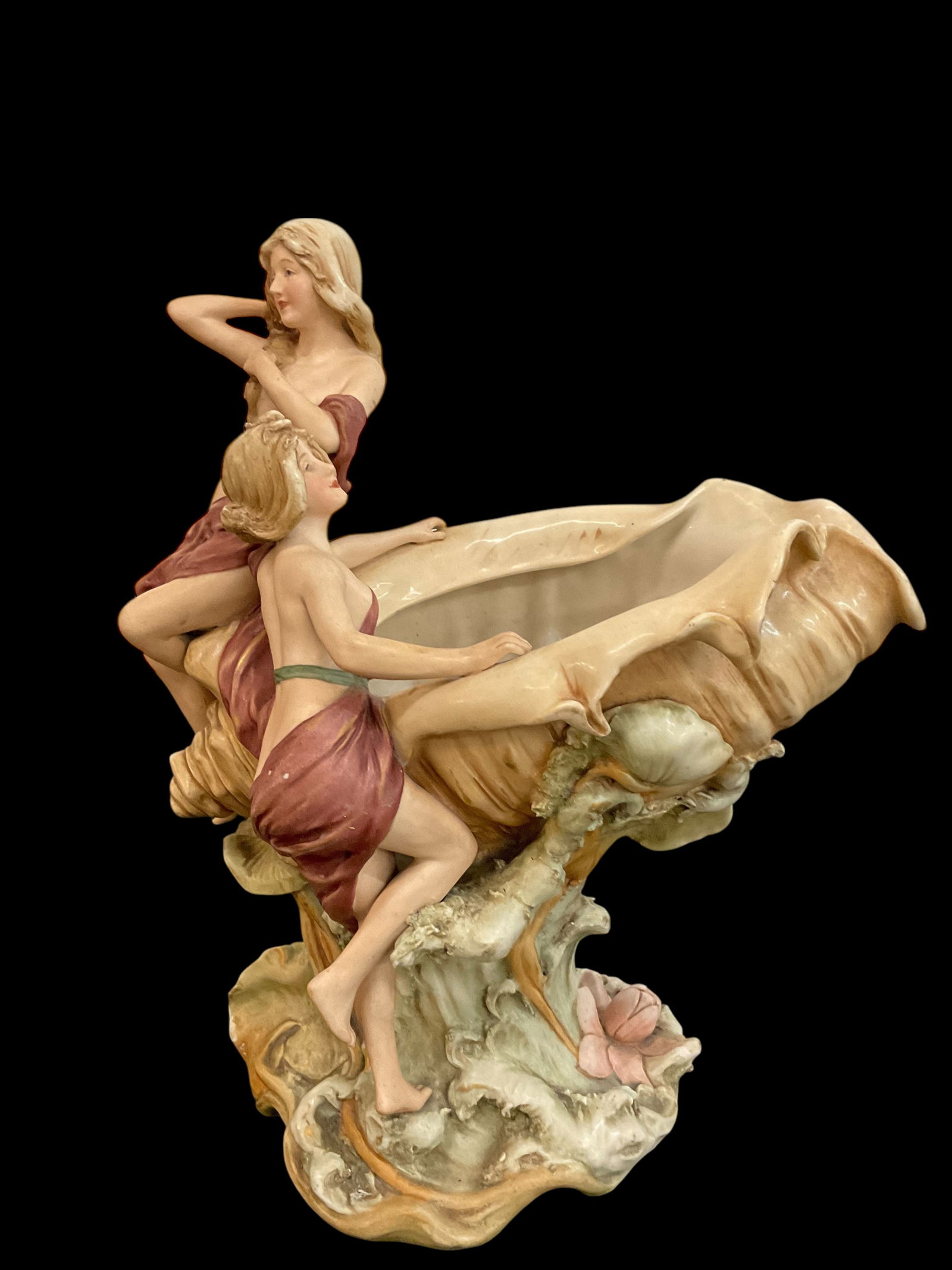 Royal Dux Nouveau Porcelain Centerpiece: Royal Dux Nouveau Porcelain Centerpiece, two women on conch shell early 20th century Bohemia (Czech Republic), Measures 14" H x 12" W x 6" D, WEIGHT: 5.4 lbs, Condition