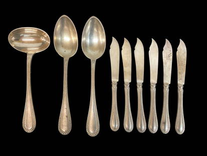 Austrian .750 Silver Flatware, 1872 - 1922: Austrian .750 Silver Flatware, 1872 - 1922, 6 Fish Knives, 1 Ladle, 2 Serving Spoons. Each piece contains 2 marks that date to 1872 - 1922, a dog head with a 3 on one side and an A on the other. The o