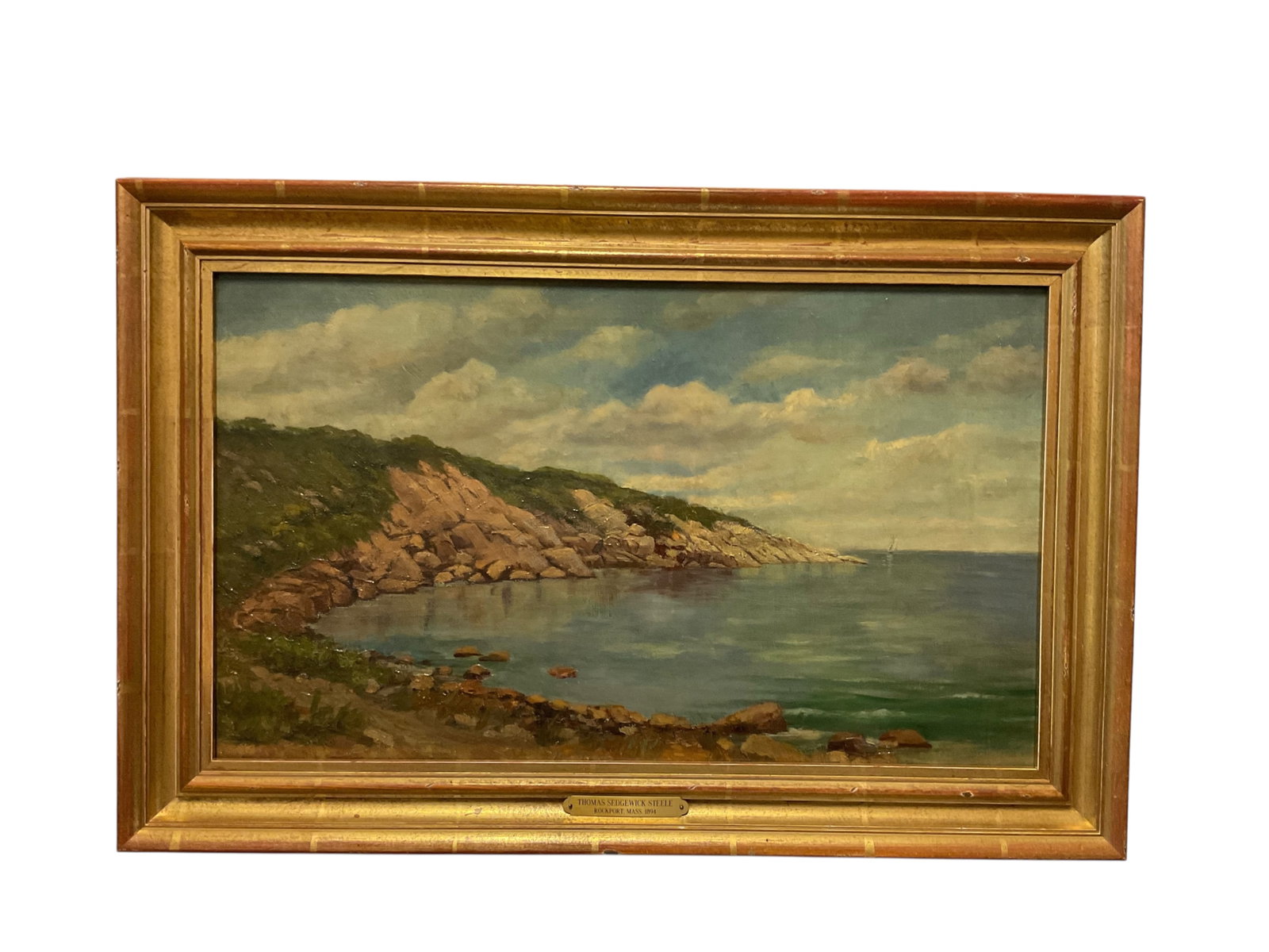 Thomas Sedgwick Steele (American, 1845-1903) “ROCKPORT, MASS" Oil on Board 1894: Thomas Sedgwick Steele, (American, 1845-1903), “ROCKPORT, MASS”, Oil on Board, 1894. Sight Image Measures: 20” W x 12” H Frame Measures: 24” W x 16” H x 1.25” D W