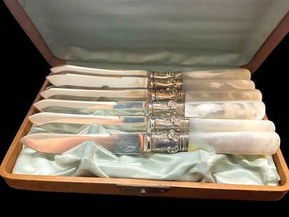 J E & S S Sterling Fruit Knives with Mother of Pearl Handles, Set of 6 with Original Leather Case: J E & S S Sterling Fruit Knives with Mother of Pearl Handles, Set of 6 in Original Leather Box. Measures: Knife - 6.25”, Leather Box - 7” L x 4.25” W x 1.5” D Weight: