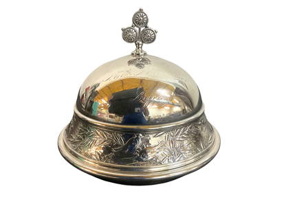 Silver Plate With Glass Bottom Butter Dish: Silver Plate With Glass Bottom Butter Dish, No visible makers mark, Previous owners name monogram, 5 1/2&quot; tall, 6&quot; diameter, Condition, see photographs