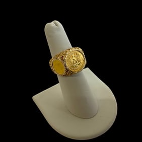 Mexico 14 Kt Gold Ring with 1945 Dos Peso Gold Coin and Two Miniature Gold Coins