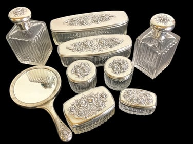 9 Piece Austrian .900 Silver and Glass Ladies Vanity Set, 1867-1872