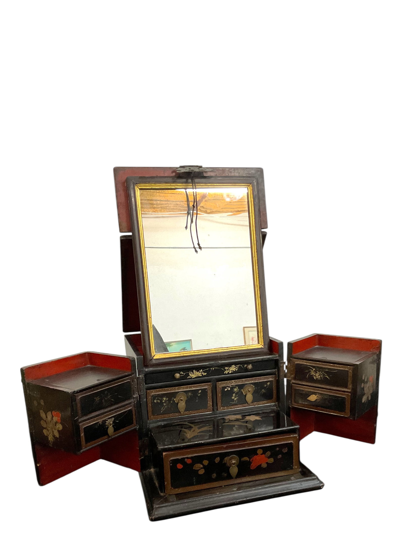 Antique Asian Traveling Shaving Case: Antique Asian Traveling Shaving Case, with multiple drawers and compartments, measures 13" W x 8 1/2" H x 10 1/4" D when closed, Condition, see photographs.