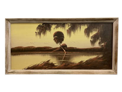 Florida Highwaymen Painting James Gibson Oil on Board: Florida Highwaymen Painting James Gibson&nbsp;Oil on Board, signed &quot;J Gibson&quot; lower right, board measures 48&quot; x 22 1/2&quot;, sight image measures 47&quot; x 21 1/2&quot;, frame measure
