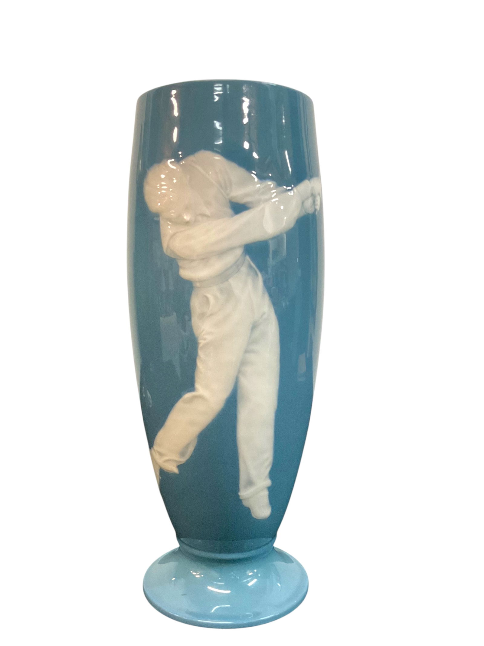 Japanese Nippon Porcelain Golfing Silhouette Vase: Japanese Nippon Porcelain Golfing Silhouette Vase, marked BONE CHINA Nippon Toki Kaisha, Vase measures 13" H, base is 4 3/4" diameter, top of vase is 4 1/2" diameter, Wood case me