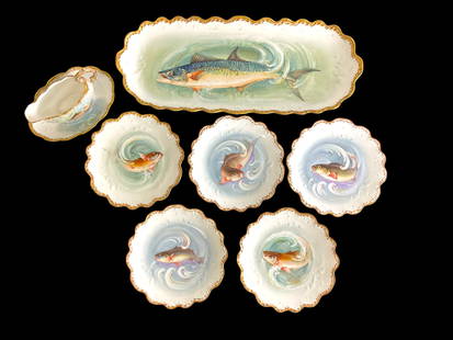 7 Piece Limoges Hand Painted French Porcelain Fish Set: 7 Piece Limoges Hand Painted French Porcelain Fish Set&nbsp; 5 Plates, &nbsp;9&quot;&nbsp; 1 Gravy Boat, &nbsp;9&#39; x 6 1/4&quot; 1 Platter, 23&quot; x 9 1/5&quot;&nbsp; Total Weight: 10 lbs&nbsp; C