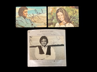 45 Single Record and 2 Postcards Signed by Johnny Cash and June Carter Cash