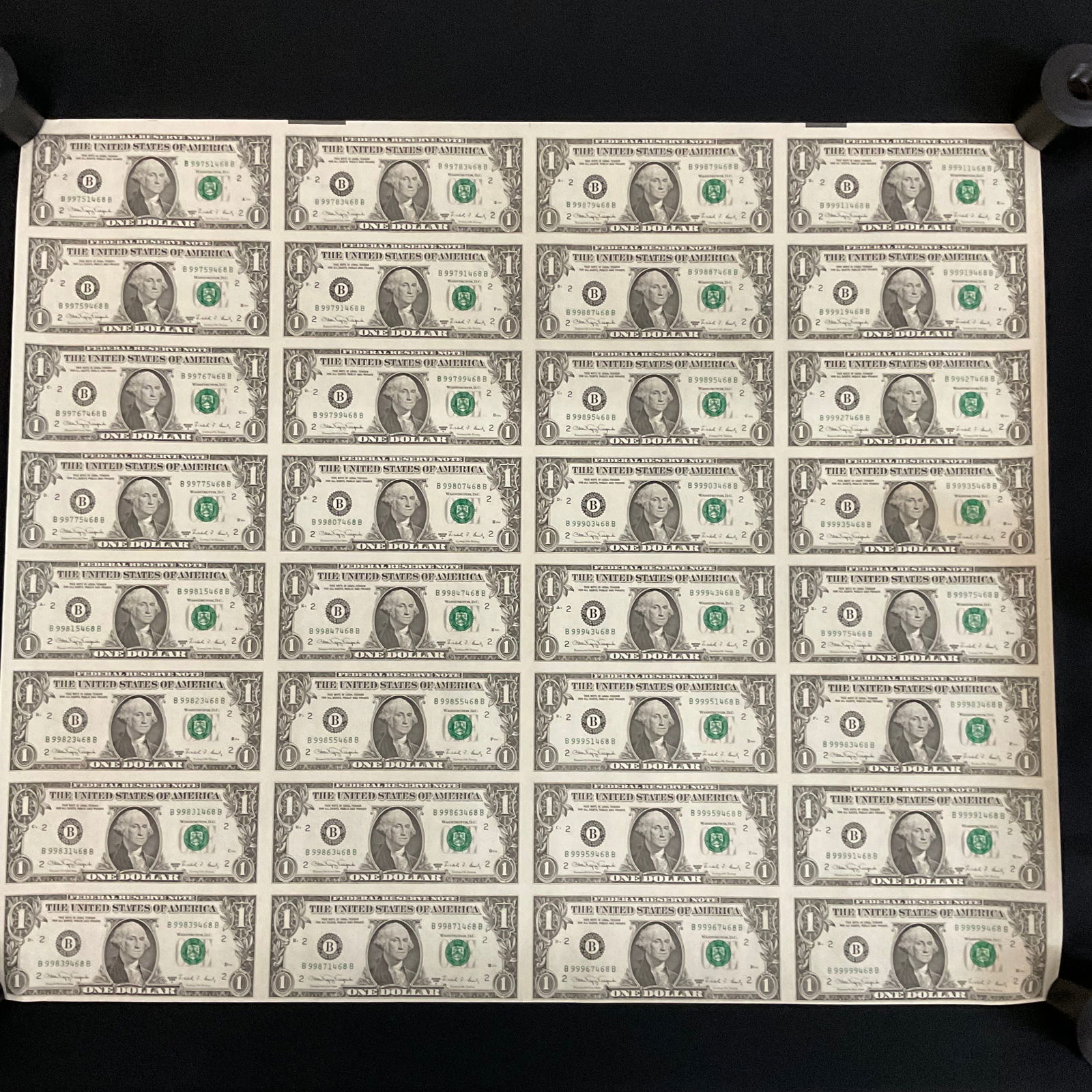 Uncut Currency Sheet of 32 US One Dollar Bills 1988 (1 of 5)