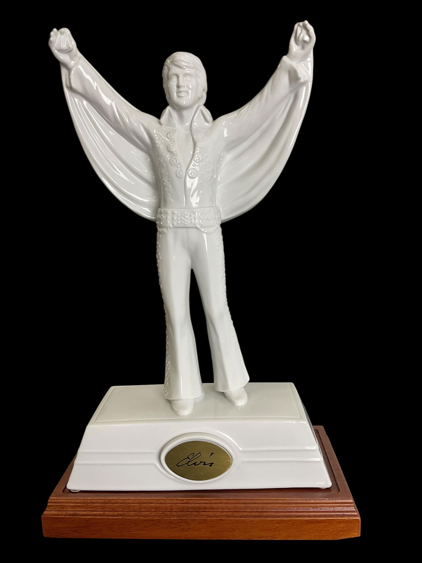 Elvis Presley McCormick Designer Collection Porcelain Decanter Music Box with Base: Elvis Presley McCormick Designer Collection Porcelain Decanter Music Box with Base, Music Box works, Empty decanter, Detached wood music box base, right side chipped on corner, No box, 17" tall,