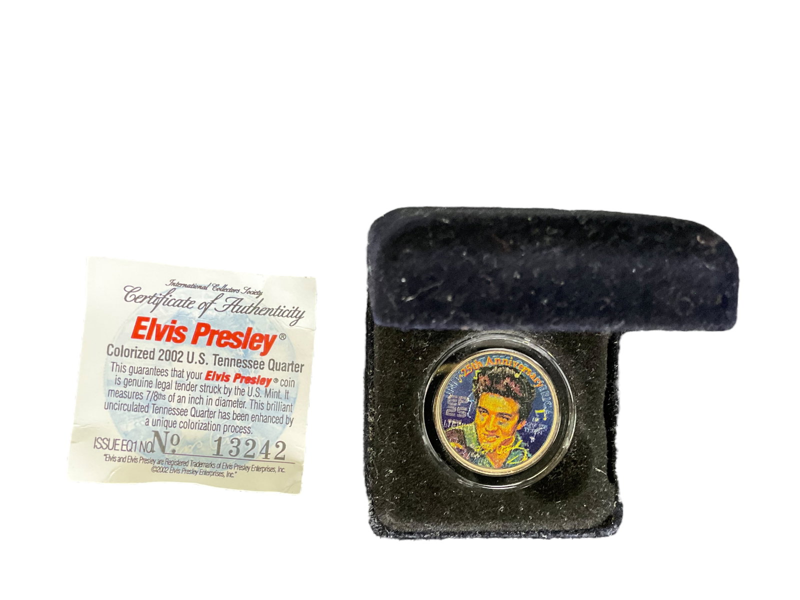 Elvis Presley 2002 Colorized Tennessee 1796 Quarter: Elvis Presley 2002 Colorized Tennessee 1796 Quarter, Comes in Black Velvet Display Case, Comes with COA, # 13242, Condition, see photographs