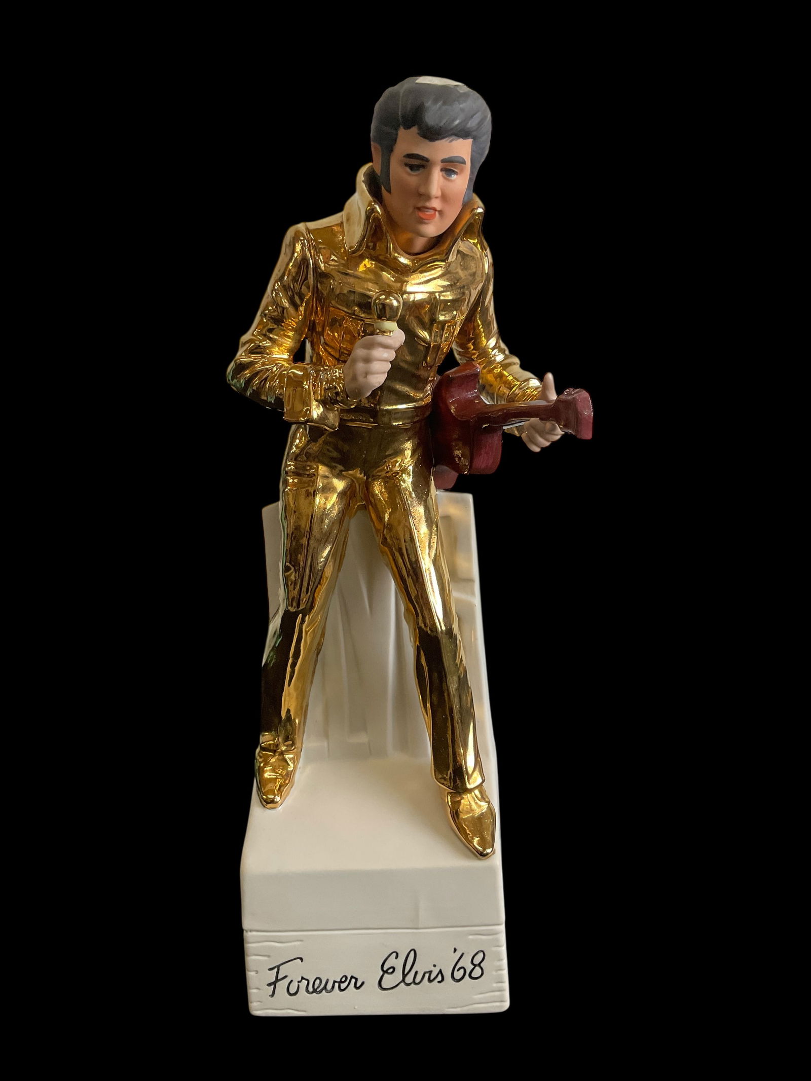 Elvis Presley, McCormick " Forever Elvis '68, Gold Edition Decanter Music Box: Elvis Presley, McCormick " Forever Elvis '68, Gold Edition Decanter Music Box, Empty decanter, Music Box works, No box, 14 1/2" tall, Condition, see photographs