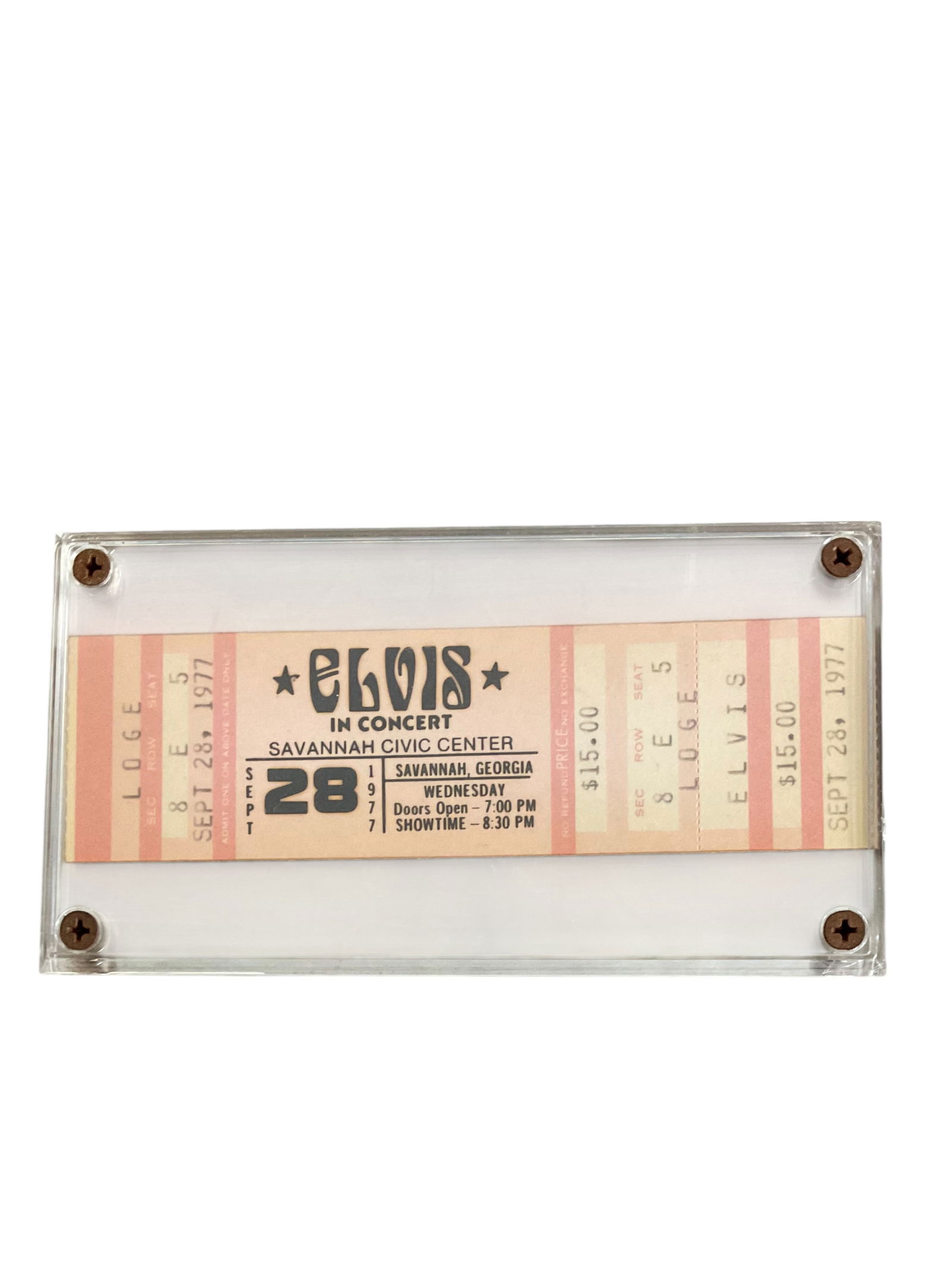 Elvis Presley 1977 Concert Ticket In Display Case: Elvis Presley 1977 Concert Ticket In Display Case, Elvis in Savannah, Georgia on Sept. 28, 1977 Concert ticket, Sealed in a plastic display case, Condition, see photographs