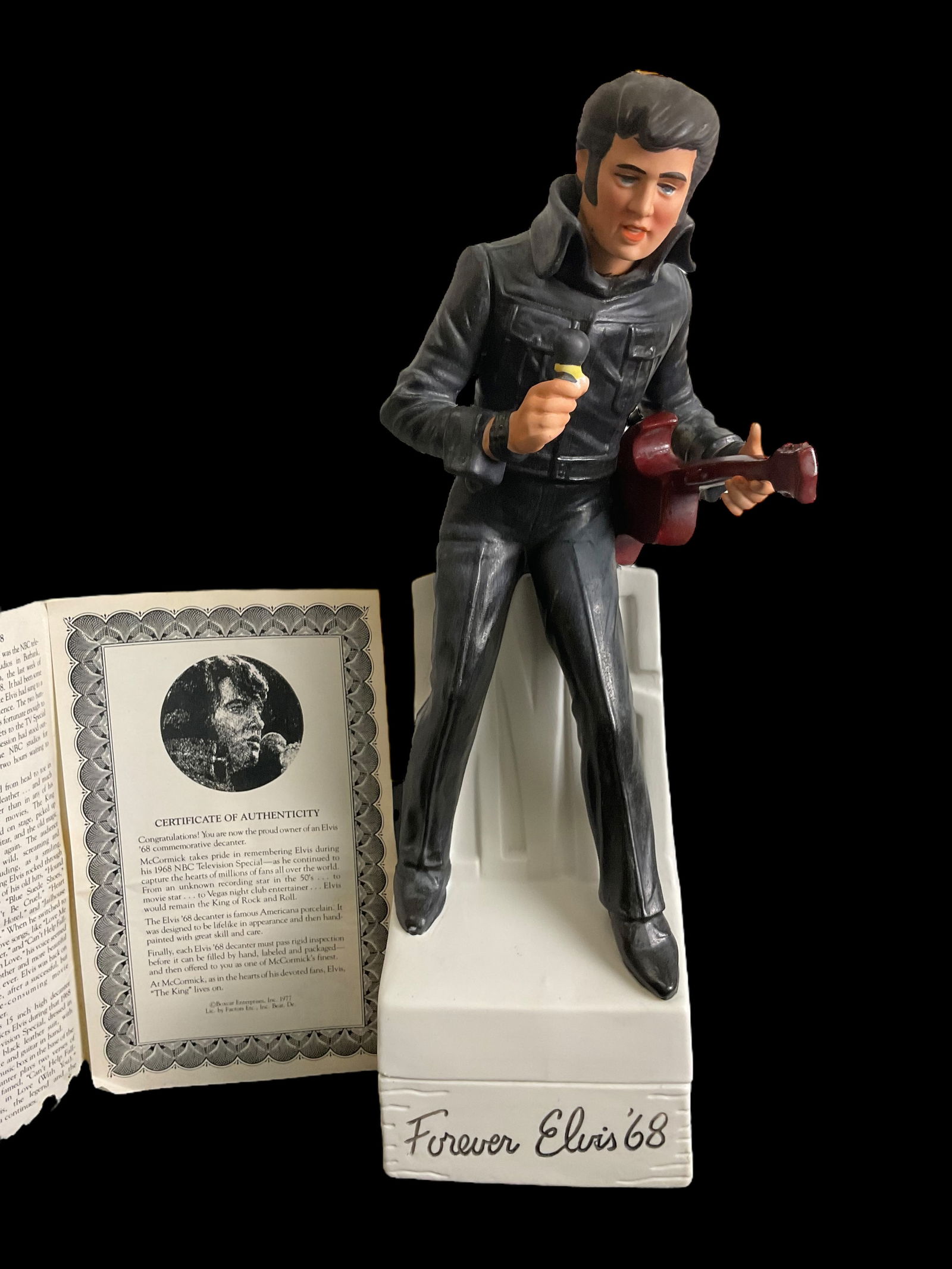 Elvis Presley, McCormick "Forever Elvis '68" Decanter Music Box: Elvis Presley, McCormick "Forever Elvis '68" Decanter Music Box, With COA, No Box, Music Box works, 14 1/2" tall, Condition, see photographs