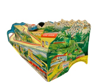 Vintage Technofix Alpine Station Lithograph Tin Toy Train Railway with 2 Wind-up Cars