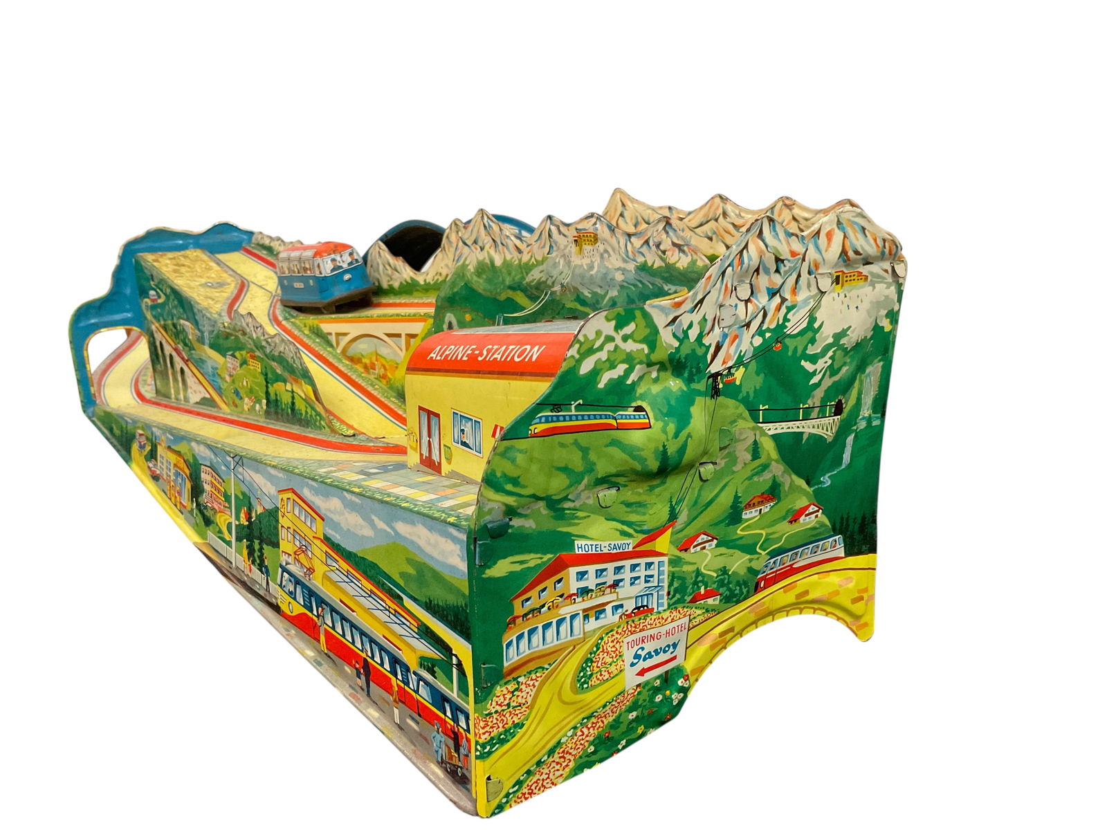 Vintage Technofix Alpine Station Lithograph Tin Toy Train Railway with 2 Wind-up Cars (1 of 9)