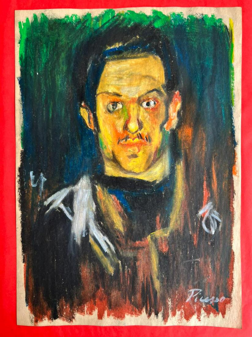 PABLO PICASSO DRAWING ON PAPER: SELF-PORTRAIT, 1901 (IN THE STYLE OF): In the style of Pablo Picasso drawing on paper: Self-Portrait, 1901â€¦â€¦â€¦Measures: 21 x 29.5 cmsâ€¦â€¦â€¦â€¦â€¦ This item will sell as "in the style of". "In the sty