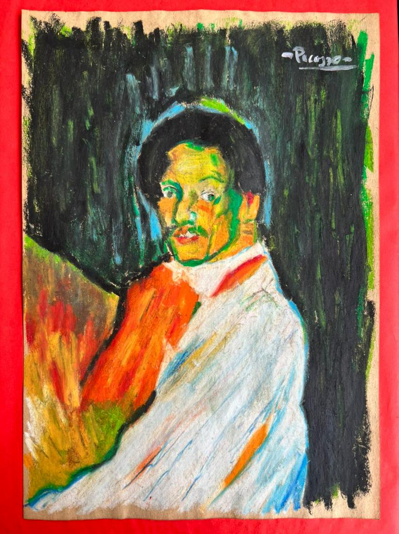 PABLO PICASSO DRAWING ON PAPER: SELF-PORTRAIT, 1901 (IN THE STYLE OF): In the style of Pablo Picasso drawing on paper: Self-Portrait, 1901â€¦â€¦â€¦Measures: 21 x 29.5 cmsâ€¦â€¦â€¦â€¦â€¦ This item will sell as "in the style of". "In the sty