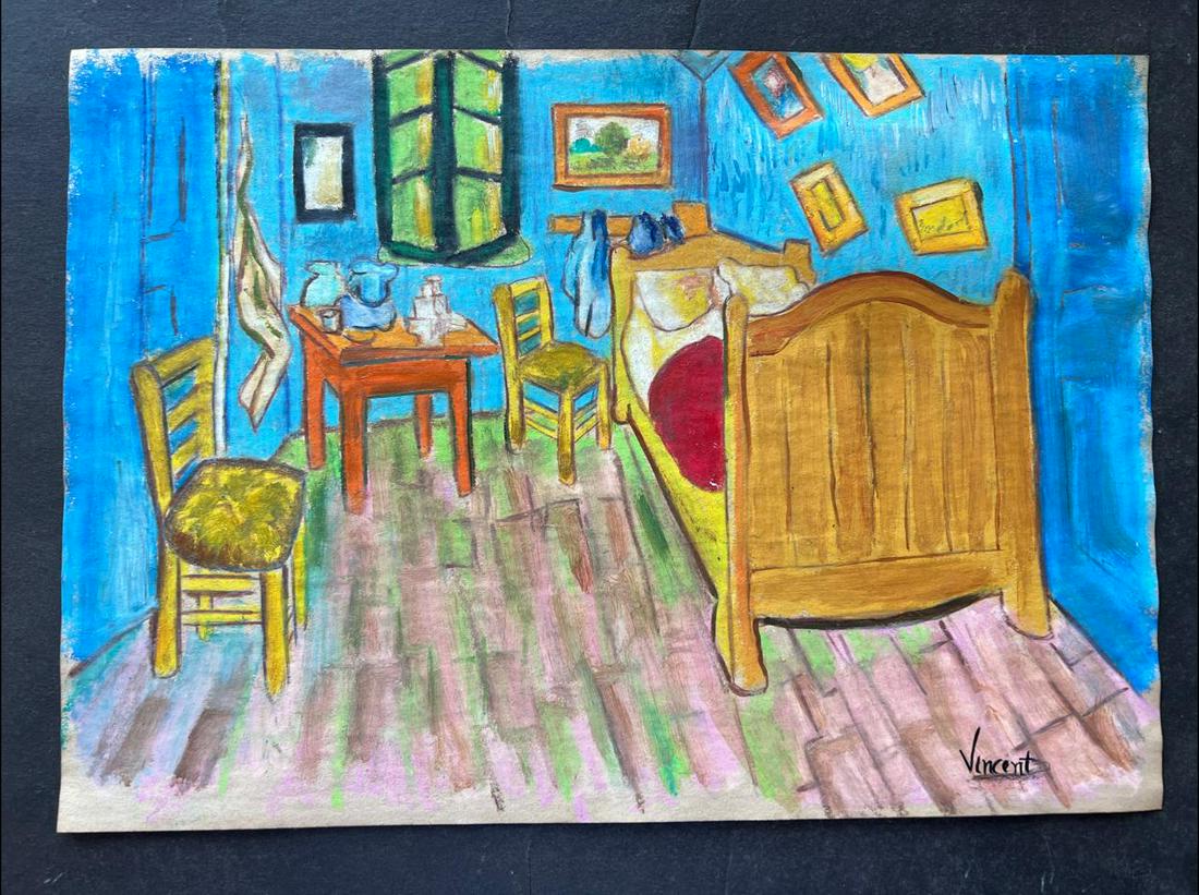 VINCENT VAN GOGH (IN THE STYLE OF): VINCENTâ€™S BEDROOM IN ARLES, 1889: In the style of Vincent Van Gogh drawing on paper: Vincentâ€™s Bedroom In Arles, 1889.........Measures: 21 x 29.5 cmsâ€¦â€¦.Vincent van Gogh (born March 1853, Zundert, Netherlandsâ€”